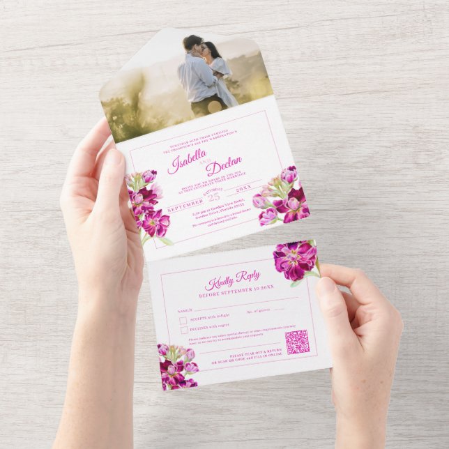 Invitation Tout En Un Mariage d'aquarelle stock rose QR code RSVP (Déchirure)