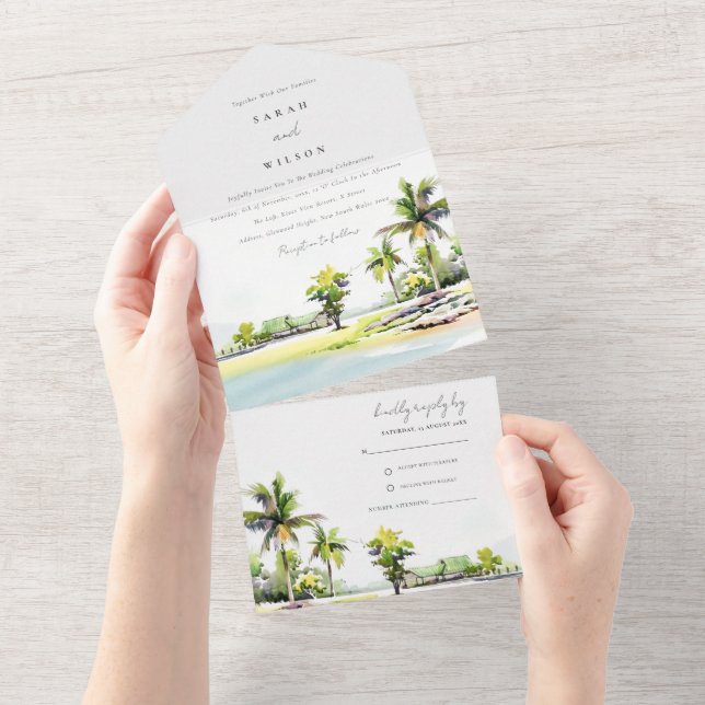 Invitation Tout En Un Mariage d'aquarelle Tropical Beach Palm Tree (Déchirure)