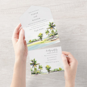 Invitation Tout En Un Mariage d'aquarelle Tropical Beach Palm Tree