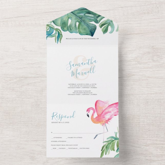 Invitation Tout En Un Mariage d'aquarelle tropicale tout en un (À l'intérieur)