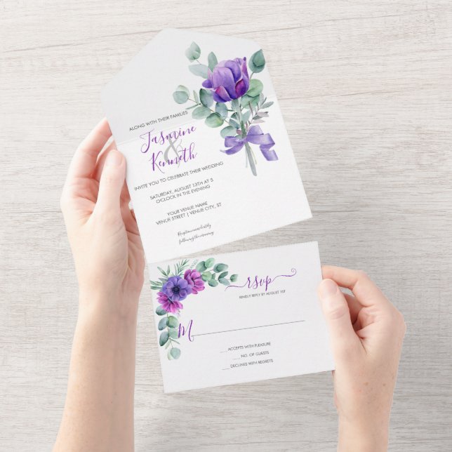 Invitation Tout En Un Mariage d'aquarelle violet et rose des anémones (Déchirure)