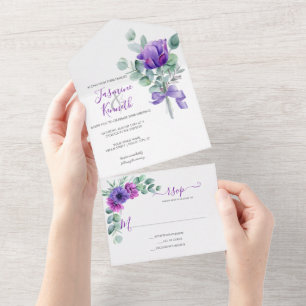 Invitation Tout En Un Mariage d'aquarelle violet et rose des anémones