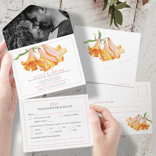 Invitation Tout En Un Mariage d'art botanique de lys orange RSVP options