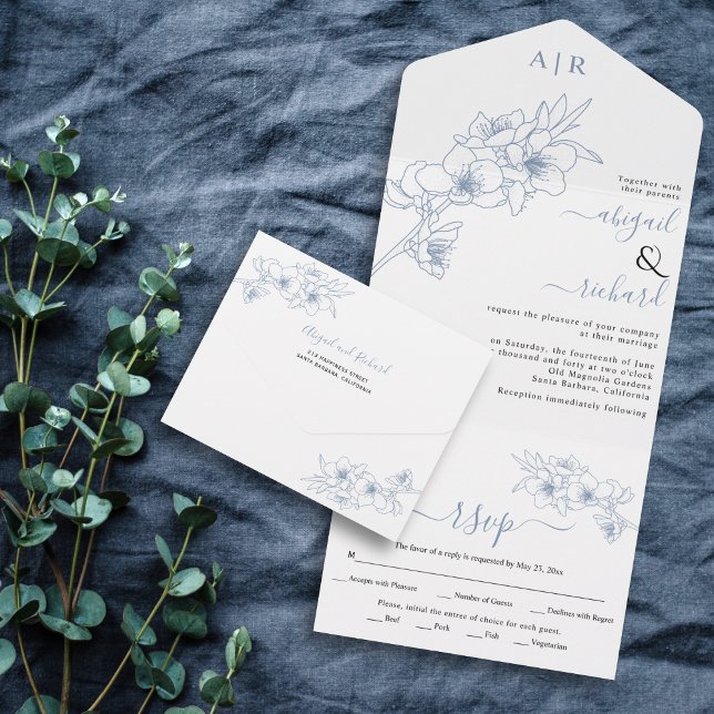 Invitation Tout En Un Mariage d'art linéaire bleu poussiéreux (Créateur téléchargé)