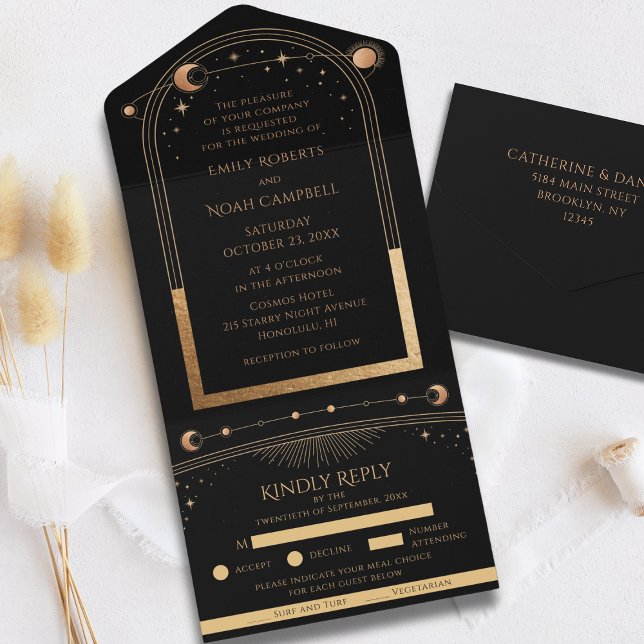 Invitation Tout En Un Mariage d'astronomie mystique Black Gold Sun Moon (Créateur téléchargé)