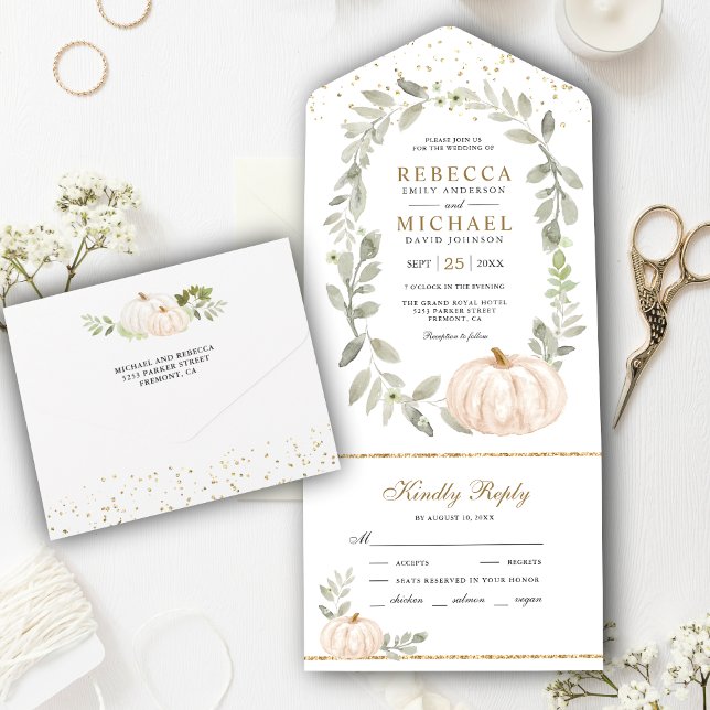 Invitation Tout En Un Mariage d'automne avec citrouille blanche et verdu (Créateur téléchargé)