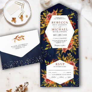 Invitation Tout En Un Mariage d'automne floral bleu marine orange brûlé