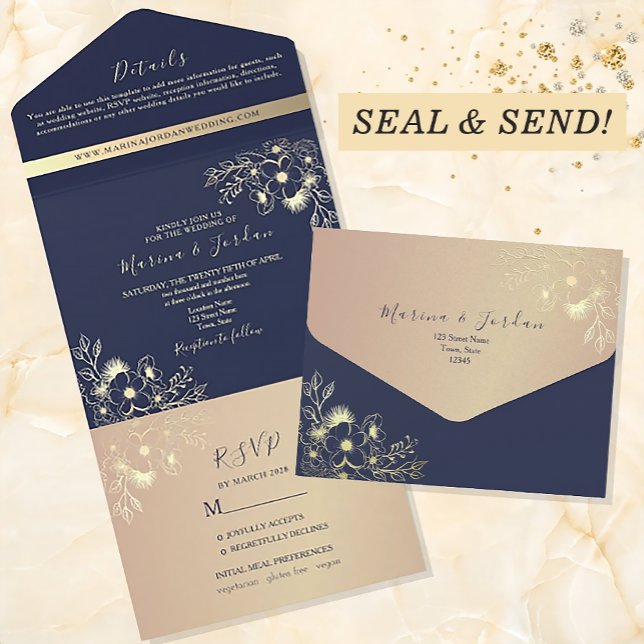Invitation Tout En Un Mariage de automne élégant bleu marine (Créateur téléchargé)