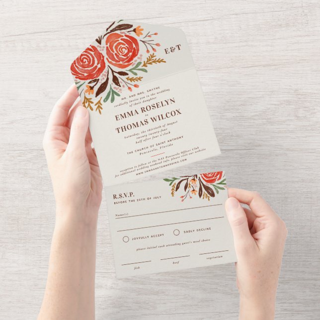 Invitation Tout En Un Mariage de automne Rose couleur rouge (Déchirure)