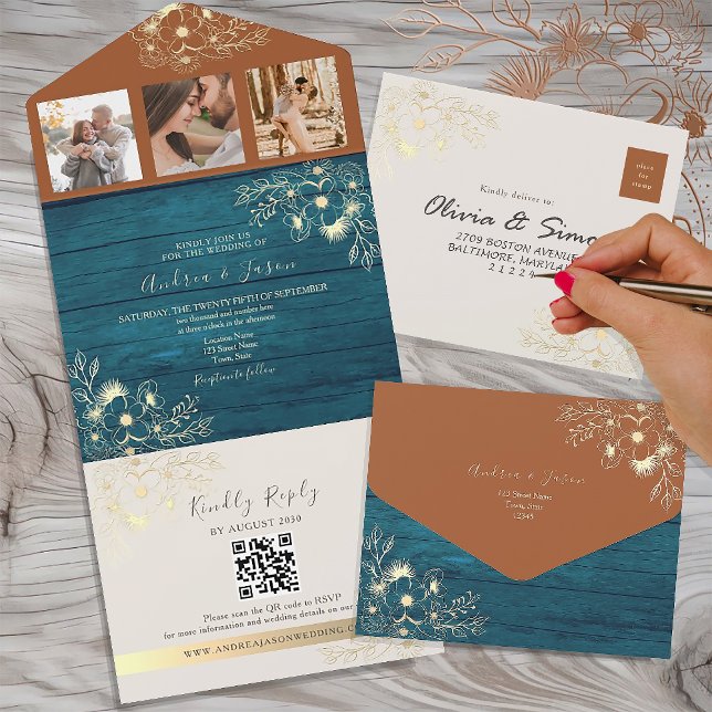 Invitation Tout En Un Mariage de automne Turquoise rustique en terre cui (Créateur téléchargé)