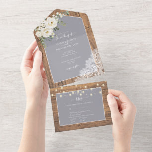 Invitation Tout En Un Mariage de bois floral blanc gris clair rustique