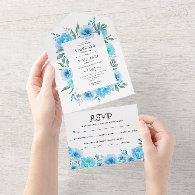 Invitation Tout En Un Mariage de bordure florale d'aquarelle bleue (Déchirure)