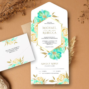 Invitation Tout En Un Mariage de bouquet à la menthe verte et ivoire or