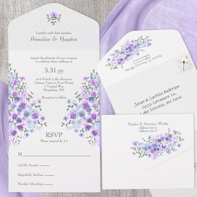 Invitation Tout En Un Mariage de bouquet de jardin Rose bleu clair viole (Light purple, dusty blue roses all-in-one wedding invitation for lilac, lavender, baby blue Spring)