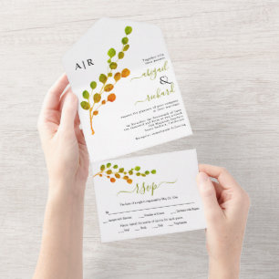 Invitation Tout En Un Mariage de branche de feuilles arrondies vert oliv