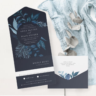 Invitation Tout En Un Mariage de cadre botanique bleu hiver Azure