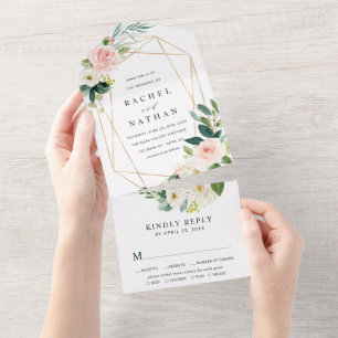 Invitation Tout En Un Mariage de cadre géométrique Blush White Bloom Gol