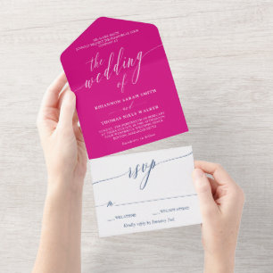 Invitation Tout En Un Mariage de calligraphie blanc de la Fuchsia Navy