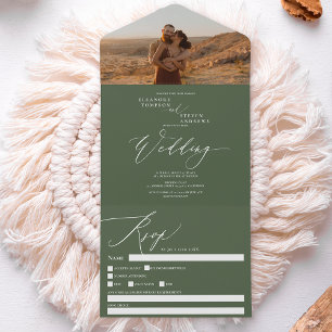 Invitation Tout En Un Mariage de calligraphie chic photo verte moderne