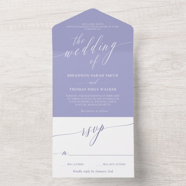 Invitation Tout En Un Mariage de calligraphie Delicate Lavender White (À l'intérieur)
