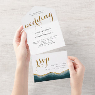 Invitation Tout En Un Mariage de calligraphie moderne Turquoise Gold Aga