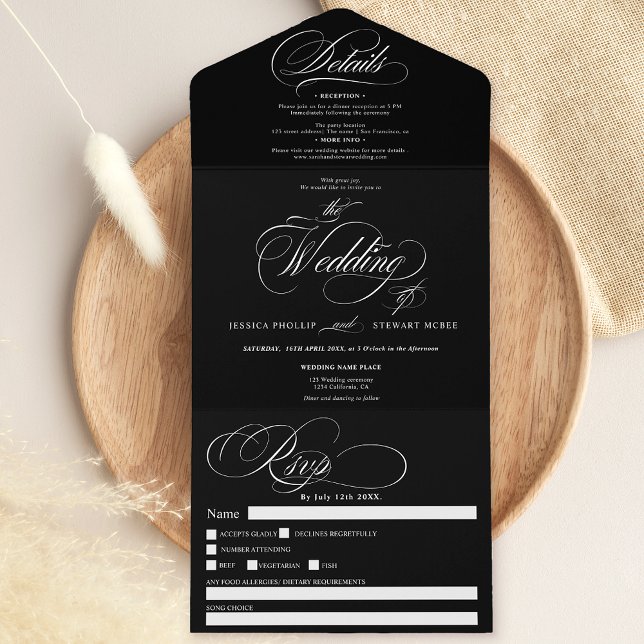 Invitation Tout En Un Mariage de calligraphie noir blanc (White black elegant script calligraphy wedding all in one invitation)