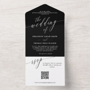 Invitation Tout En Un Mariage de calligraphie noir blanc délicat QR RSVP