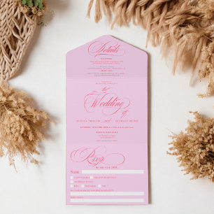 Invitation Tout En Un Mariage de calligraphie rétro rouge rose élégant