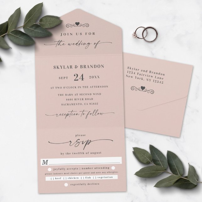 Invitation Tout En Un Mariage de calligraphie simple rose vif (Créateur téléchargé)