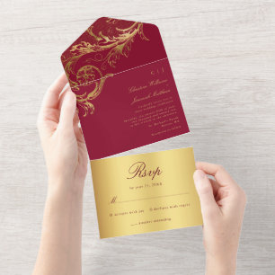 Invitation Tout En Un Mariage de calligraphie vintage Burgundy Gold