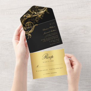 Invitation Tout En Un Mariage de callographie vintage Black Gold Damask
