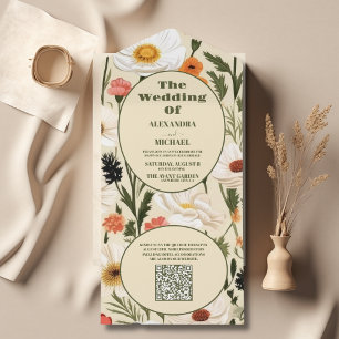 Invitation Tout En Un Mariage de champ de Fleur sauvage blanc de code QR
