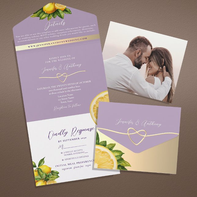 Invitation Tout En Un Mariage de citron violet Boho (Créateur téléchargé)