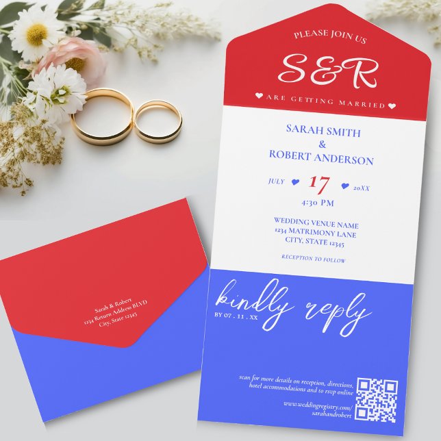 Invitation Tout En Un Mariage de code QR blanc et bleu rouge (Red White & Blue QR Code Wedding All In One Invitation)