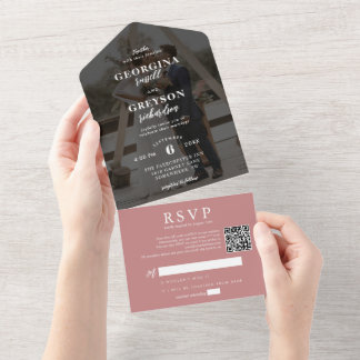 Invitation Tout En Un Mariage de code QR de photo RSVP rose foncé