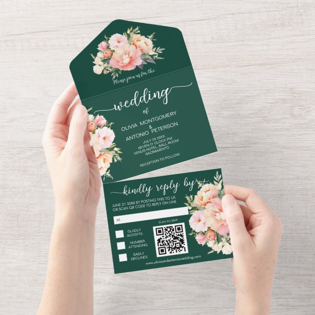 Invitation Tout En Un Mariage de code QR de pivoine d'aquarelle moderne (Déchirure)