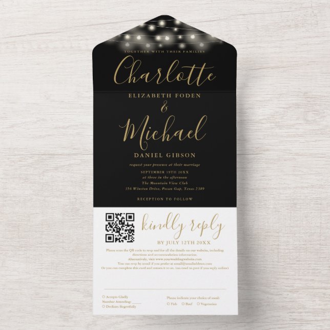 Invitation Tout En Un Mariage de code QR de script Black Gold (À l'intérieur)