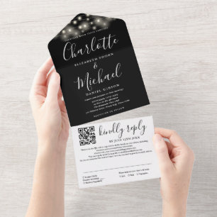 Invitation Tout En Un Mariage de code QR de script noir blanc