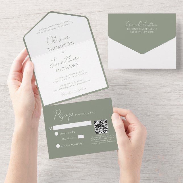 Invitation Tout En Un Mariage de code QR de script vert simple Sage (Créateur téléchargé)
