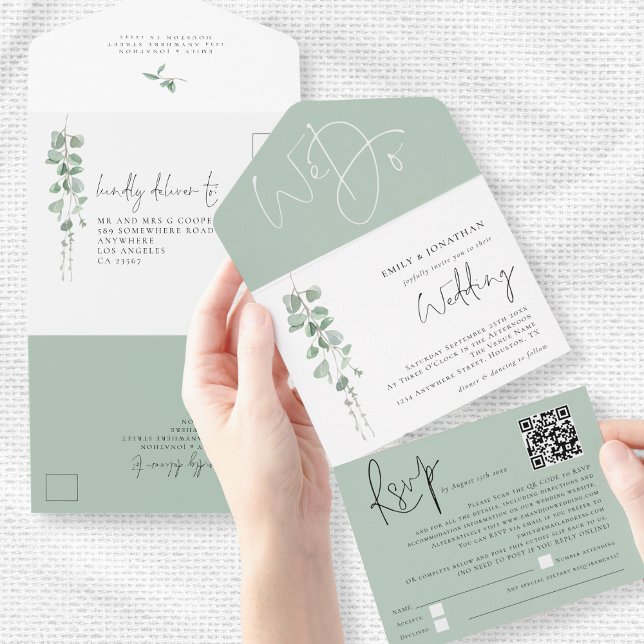 Invitation Tout En Un Mariage de code QR du script Eucalyptus moderne (Cnvenient all in one invitation and rsvp)