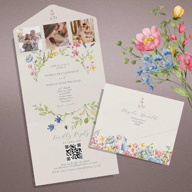 Invitation Tout En Un Mariage de code QR fleur sauvage (Créateur téléchargé)