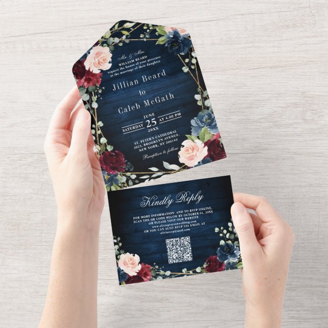 Invitation Tout En Un Mariage de code QR géométrique Blush de la marine  (Déchirure)