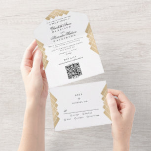 Invitation Tout En Un Mariage de code QR géométrique Pyramide d'or tradi