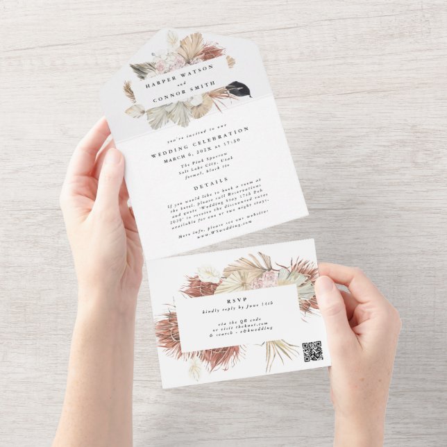 Invitation Tout En Un Mariage de CODE QR Grass Pampas Wreath Moderne (Déchirure)
