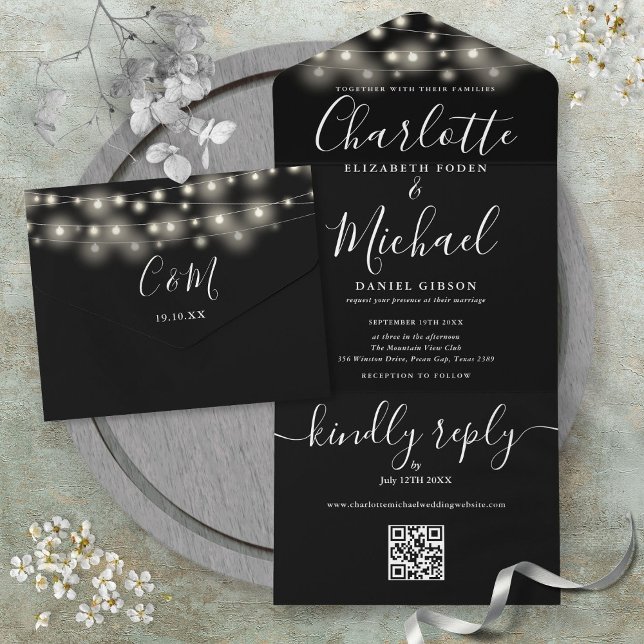 Invitation Tout En Un Mariage de code QR noir et blanc (Black And White String Lights QR Code Wedding All In One Invitation)