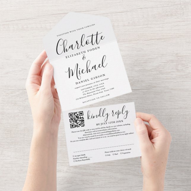 Invitation Tout En Un Mariage de code QR noir et blanc élégant (Déchirure)