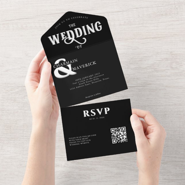 Invitation Tout En Un Mariage de code QR noir et blanc moderne (Déchirure)