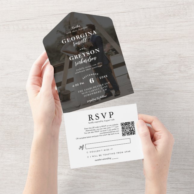 Invitation Tout En Un Mariage de code QR photo blanc classique RSVP (Déchirure)