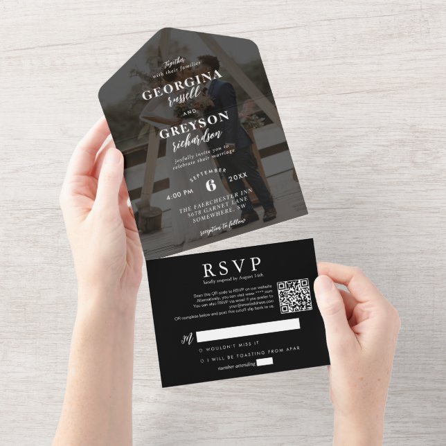 Invitation Tout En Un Mariage de code QR photo noir classique RSVP (Déchirure)