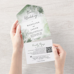 Invitation Tout En Un Mariage de code QR Sage Green Watercolor Gold Spla